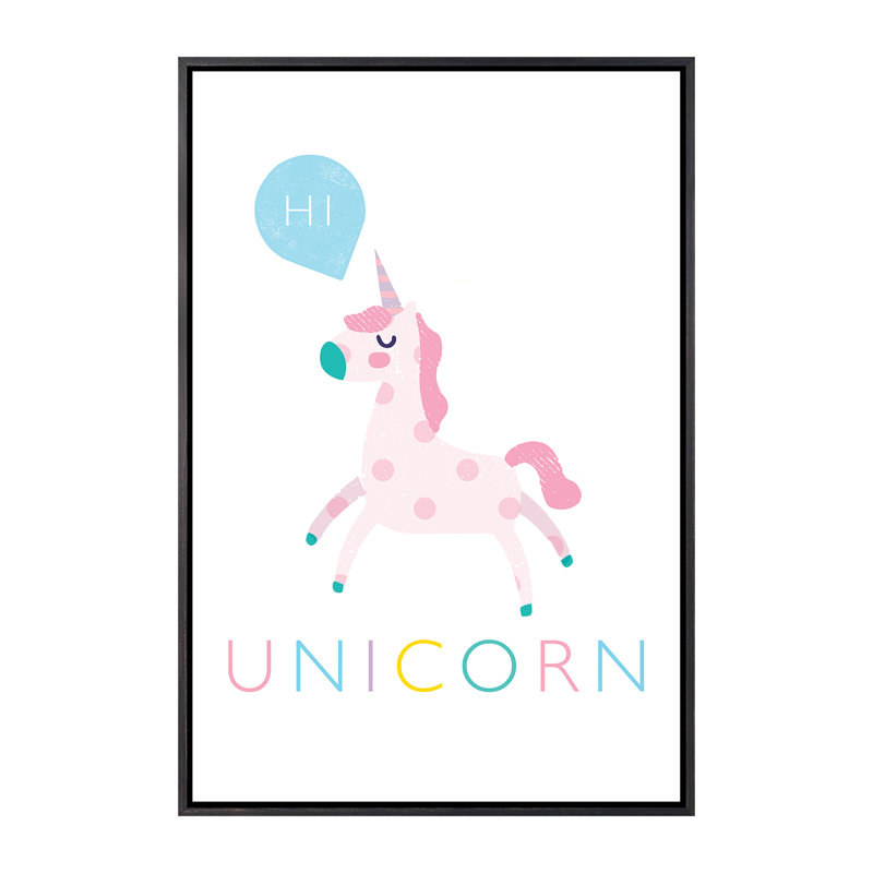 Licorne - imprimé, Pas de tapis, H 26 po x l 18 po x 1,5 po, Toile avec cadre noir patiné