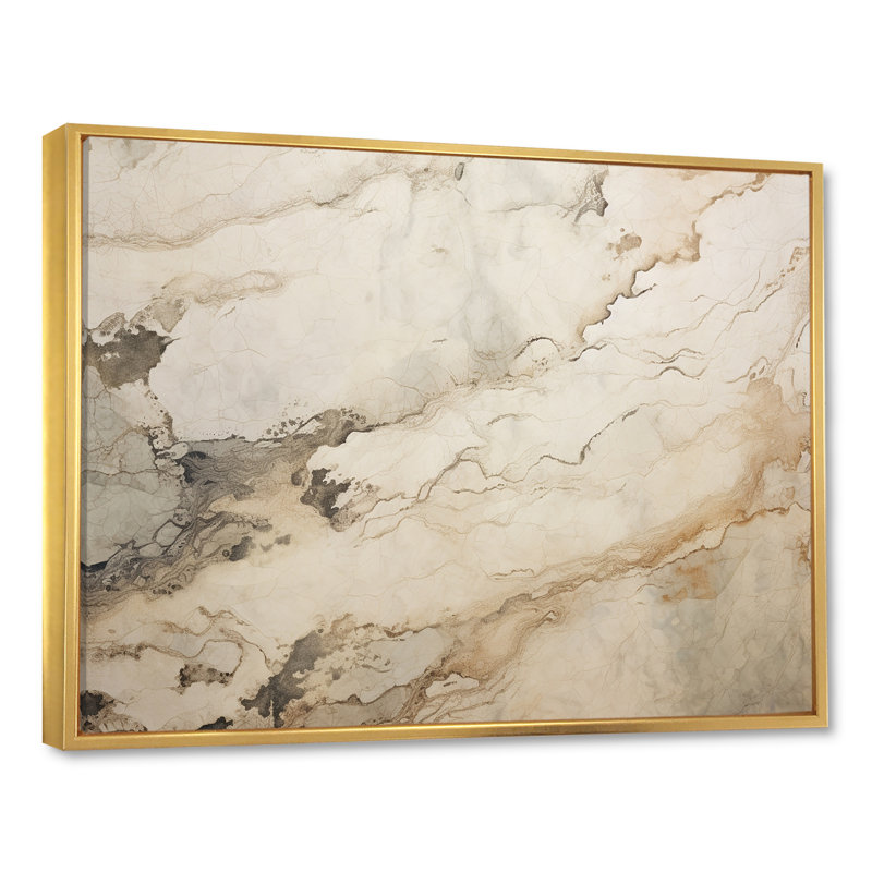 Beige et blanc, rivière de marbre - art mural abstrait en marbre, Cadre flottant doré, H 34 po x l 44 po x P 1,5 po