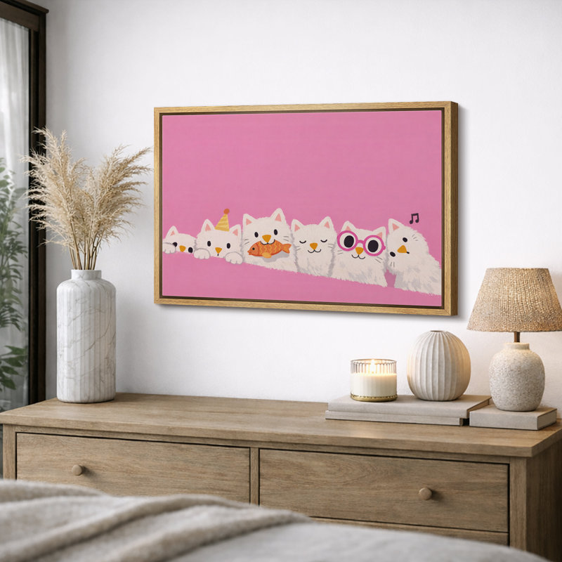 Mignon chats blancs sur fond rose, reproduction de chambre à coucher, impression sur toile encadrée, impression numérique