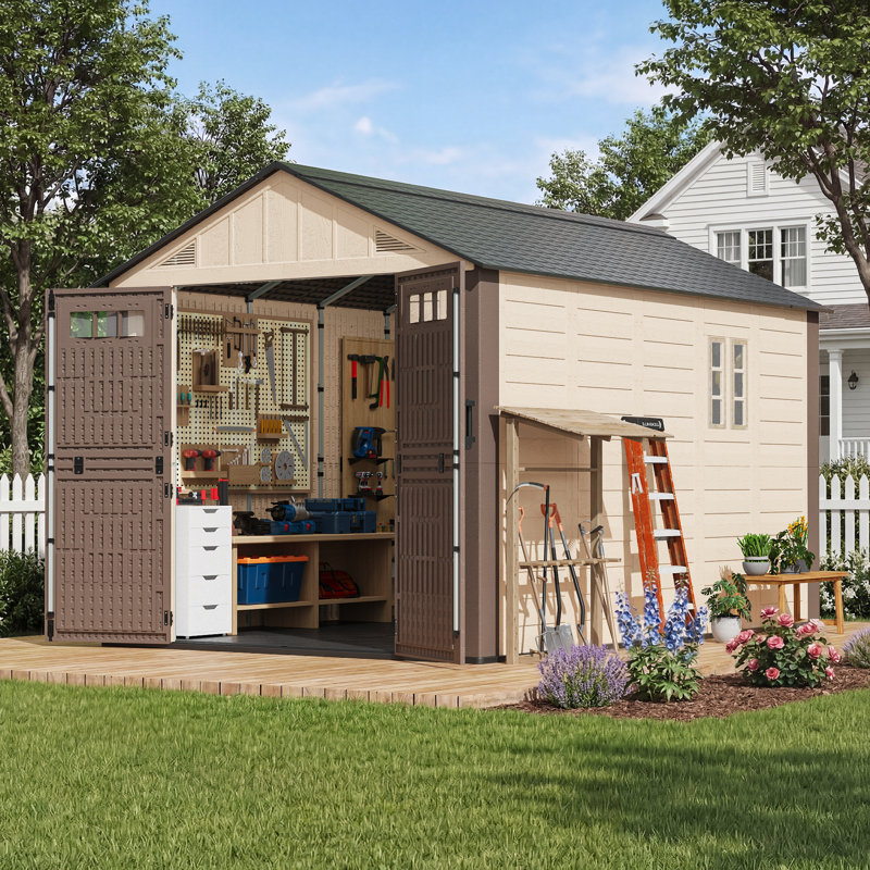 8 ft. W x 12 ft. D Resin Outdoor Storage Shed, Double-Wall Construction with Heavy-Duty Steel Skeleton and High-Strength Flooring, Beige