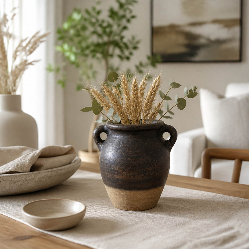 Vase de table rustique en terre cuite avec poignées, idéal pour la décoration intérieure - Grand vase amphore artistique pour le salon, le bureau ou l'entrée