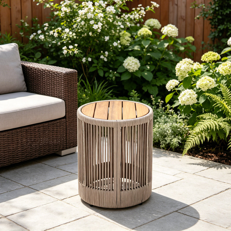 Table d'appoint d'extérieur ronde en bois massif avec base en corde pour balcon de jardin, Beige