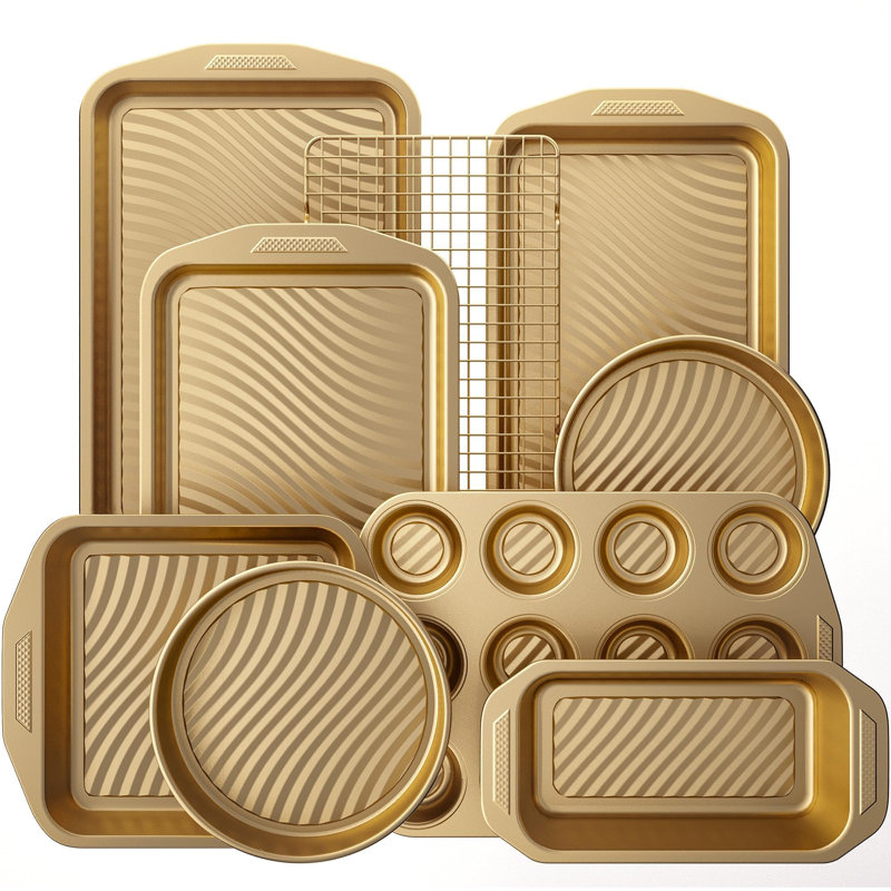 9-Piece Nonstick Bakeware Set, Wave Texture for Easy Release, 0.8mm Thick Non-Toxic Baking Pans Set, Includes Stackable Cookie Sheets, Shimmer