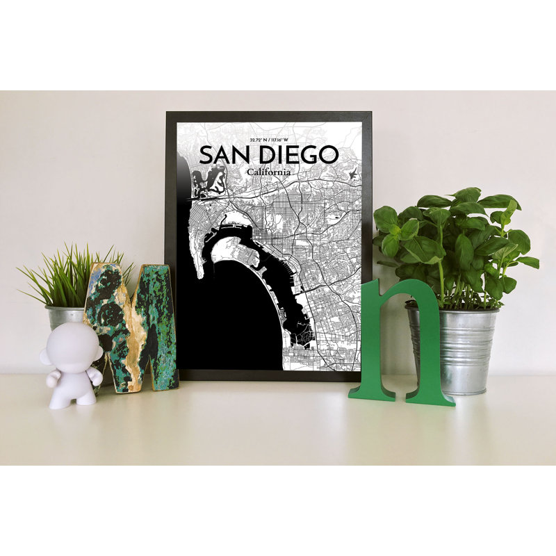 «San Diego City Map», reproduction d'impression à l'encre / blanc, H 17 po x l 11 po