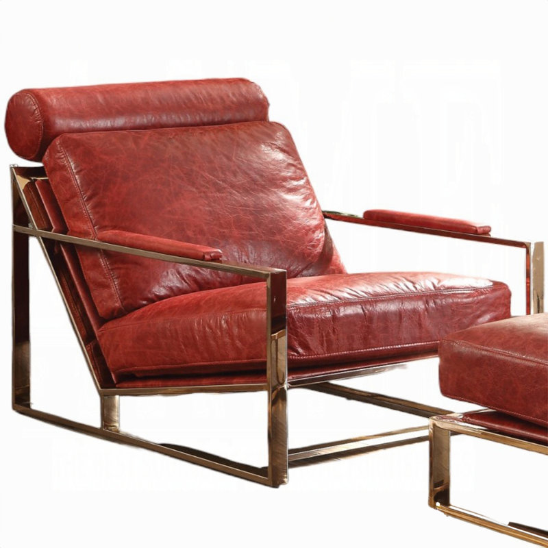 Fauteuil d'appoint ACME Quinto, cuir fleur rouge antique et acier inoxydable