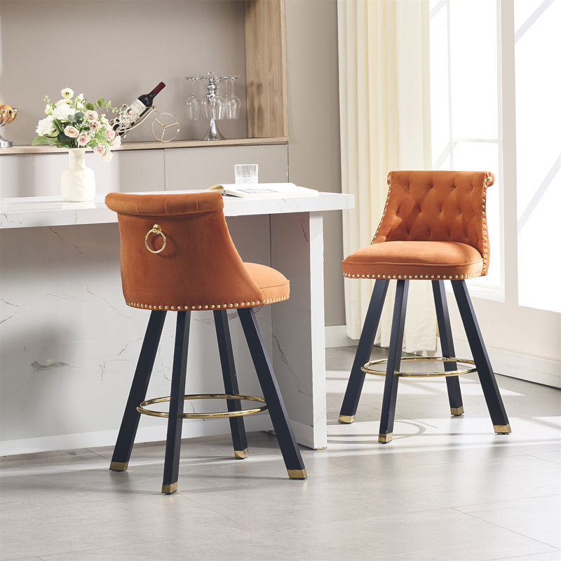 Set Of 2,Back Pull Point Design, Velvet Material, 360 Degree Rotation, Back Pull Loop Detachable Design, Rivet Decoration, Square Foot Wooden Bar Chair