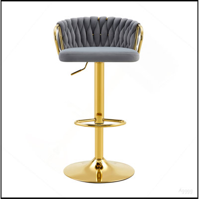 Set of 2 Modern Luxury Velvet Braided Bar Stool with Adjustable Height, Gold Metal Base & Woven Rope Backrest, Upholstered Swivel Bar Chair for Kitchen Island or Home Bar-Beige