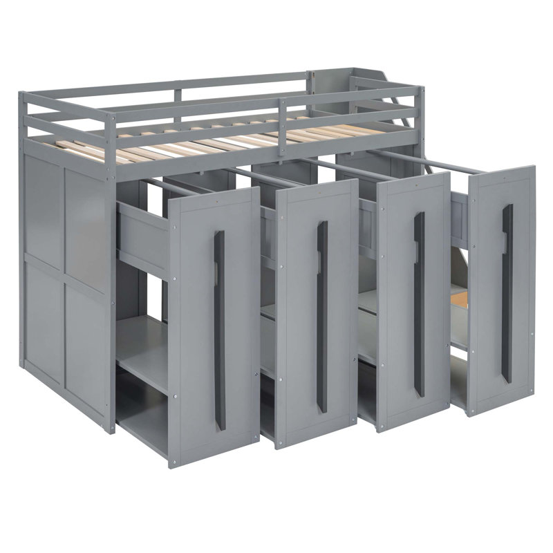 Lit mezzanine moderne avec escalier de rangement bicolore et armoires coulissantes, gris, Gris