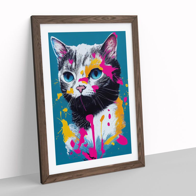 Paint Splat Cat No.3 - Framed Print, 34cm H x 25cm W x 2cm D, Walnut