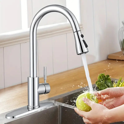 Robinet de cuisine chromé à une poignée à grande arche et éviers de cuisine à un niveau en acier inoxydable avec douchette rétractable