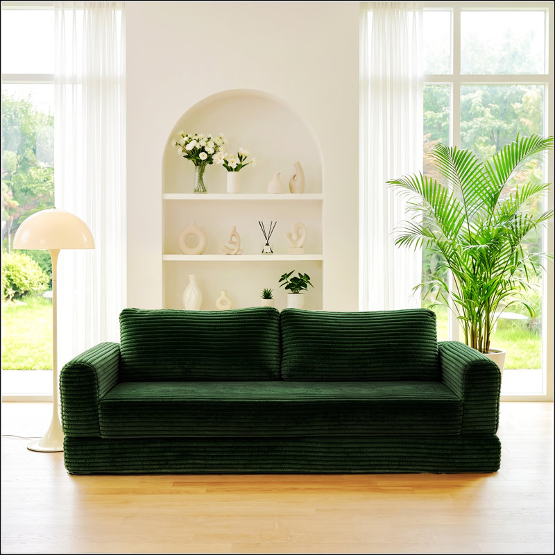 76 Inch Convertible Futon Sofa Bed,Folding Boneless Couches with Sleeper Sofa,Fold Out Floor Sofa Couch with Deep Seat,Cloud Corduroy Foldable Mattress Couch for Living Room,Green