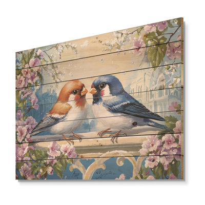 «Love Birds Springtime Blooms I» - Décoration murale oiseau en bois 