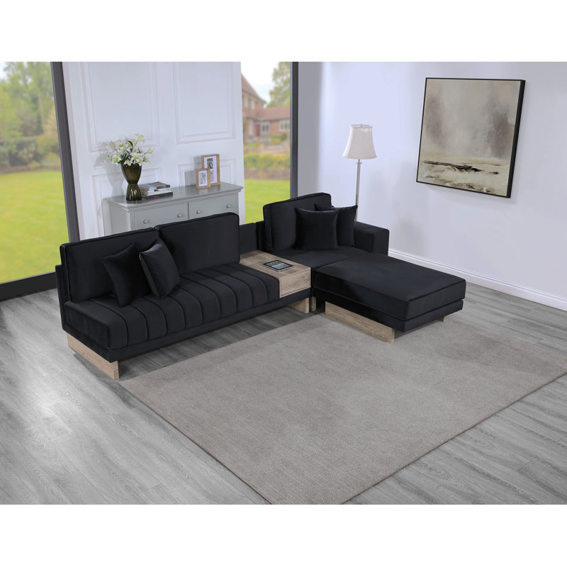 Memphis 122.5"W Black Velvet Reversible Sectional Sofa Ottoman With Storage Compartment, Drawer, USB Ports, Charging Outlets
