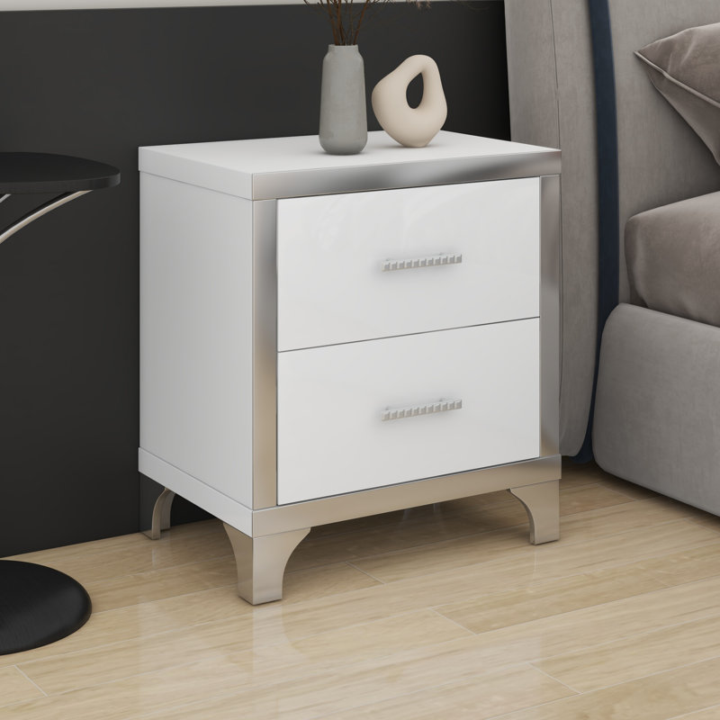 Table de chevet élégante à miroir avec 2 tiroirs et poignée en métal, Blanc