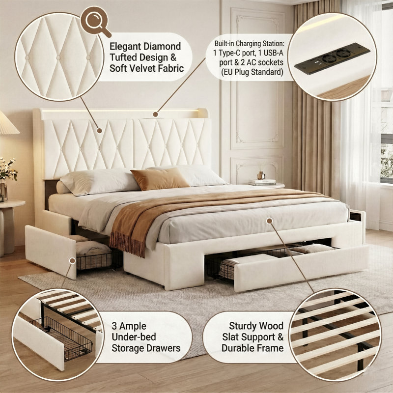 Beige Velvet Storage Bed With 3 Drawers, LED Storage Headboard & USB-C Charging, European Double (140X200cm) & King (160X200cm) 