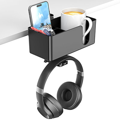 Under Desk Organizer, 4-in-1 Desk Cup Holder with Rotating Hook for Phone Pens Headphones, Space Saving Clutter Free Home Office Gaming Desk Accessory, Black