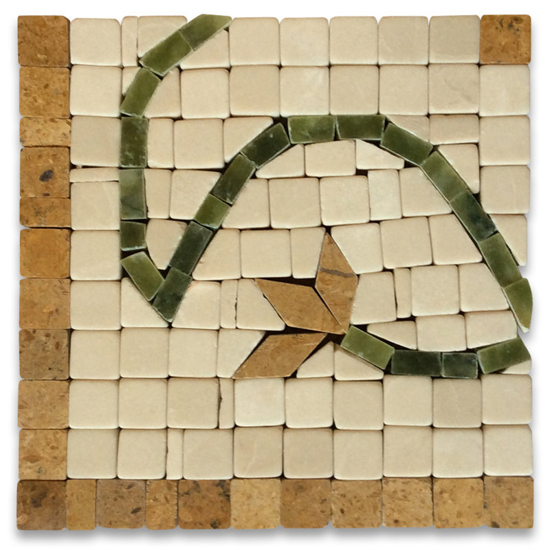 Carreau de mosaïque de marbre et de plancher flèche verte 4 "x 4" Arrow, Beige / vert / doré