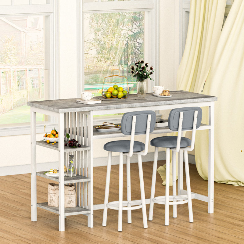 3 Piece Bar Table Set, Kitchen Dining Table Set For 2, Bar Table And Chairs Set With PU Upholstery Stool And 4 Open Storage Shelves, Pub Table Set For Small Space, Grey