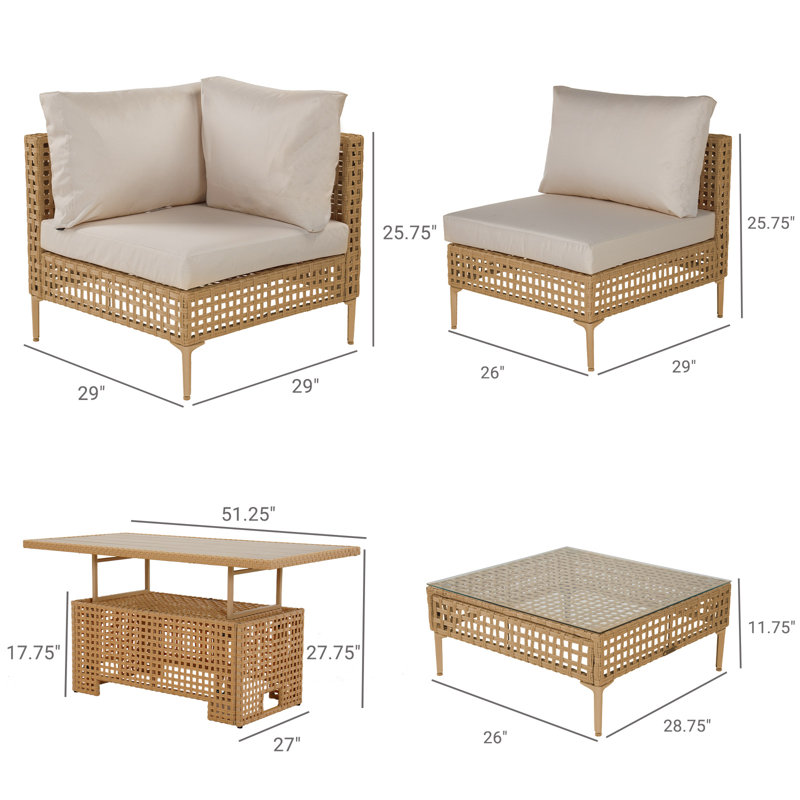 Frans 8-Piece Outdoor Furniture Seating Group for 6 Person with Lift-Top Coffee Tables and Cushions