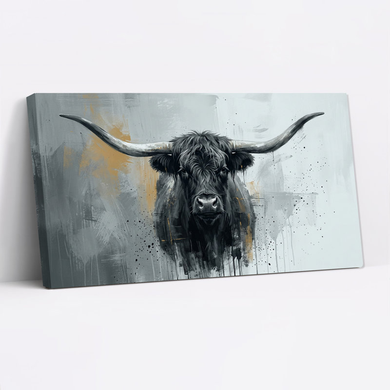 Tableau sur toile représentant un taureau Longhorn noir sur fond abstrait gris et or, L 40 po x H 20 po