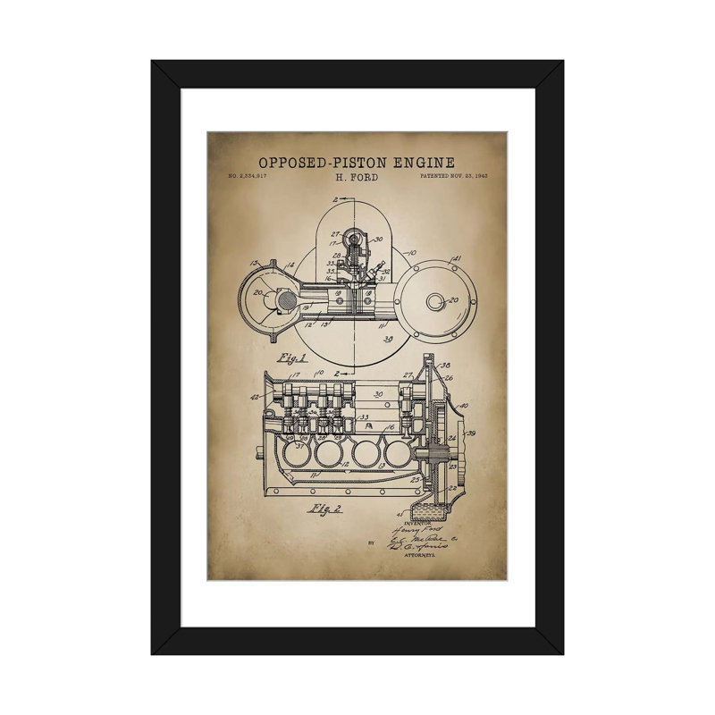 « opposed-moteur à piston », impression sur toile, Papier beaux-arts encadré noir, Blanc, H 32 po x l 24 po x P 1 po