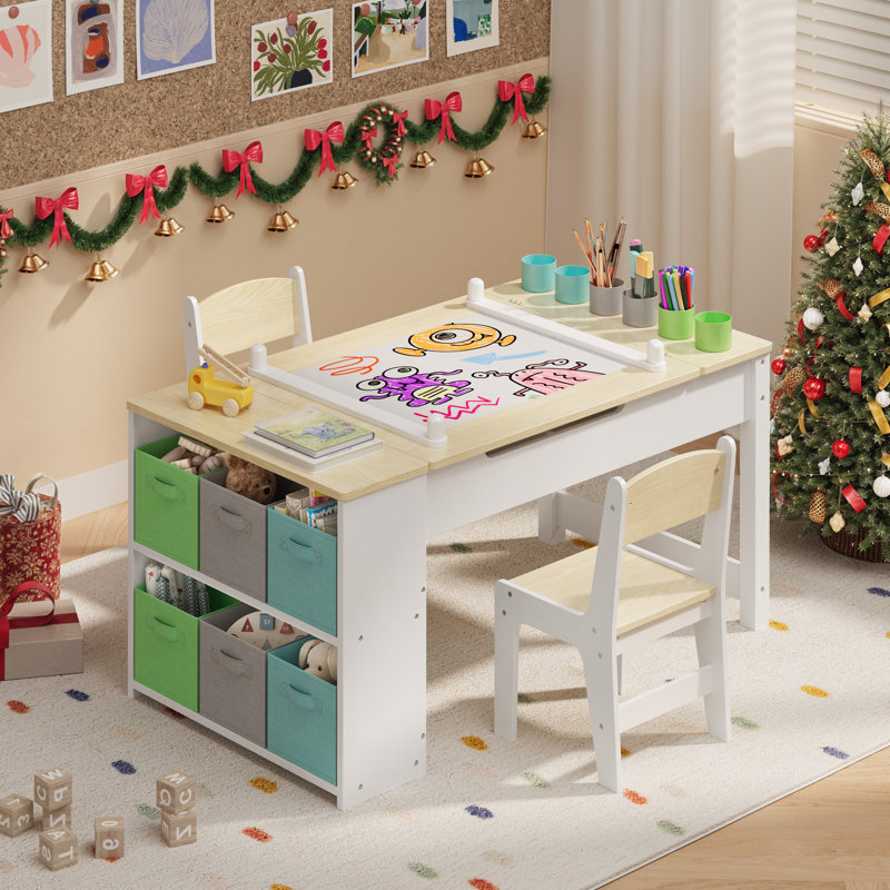 Kids Art Table And Chair Set, Convertible Art Easel & Wooden Activity/Craft Table With 2 Chairs, Storage Bins & Organizer Shelves For Toddlers’ Drawing, Playing & Learning