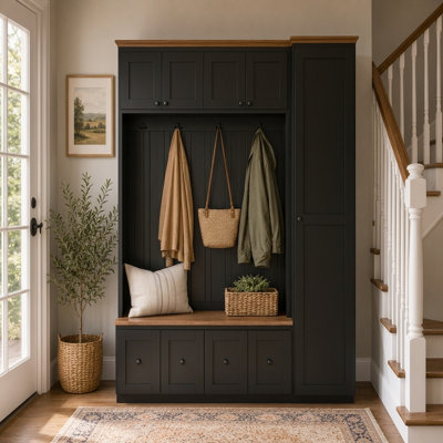 79'' High Hall Tree With Utility Storage Cabinet, Large Entryway Organizer With 4 Hooks, 6 Storage Cabinets And Bench For Vacuum Cleaner & Cleaning Tools