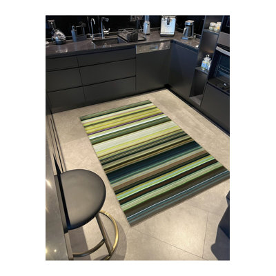 Green Mixed Color Straight Striped Patterned Woven Base Rug