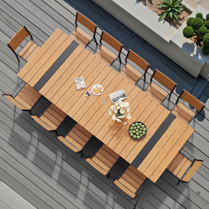 12 - Person Aluminum Rectangular Outdoor Dining Set with Umbrella Hole and Stackable Chairs, Brown