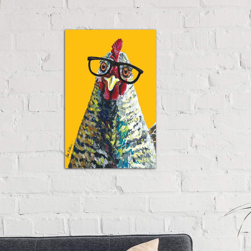 Chicken Willimina Glasses On Yellow - Wrapped Canvas Print, 66.04 cm H x 45.72 cm W x 3.175 cm D
