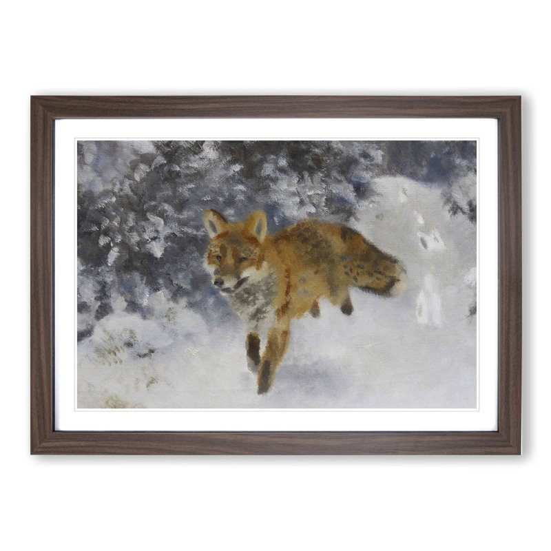 Fox in the Snow Vol.3 by Bruno Liljefors - Picture Frame Painting, 48cm H x 65cm W x 2cm D, Walnut Framed