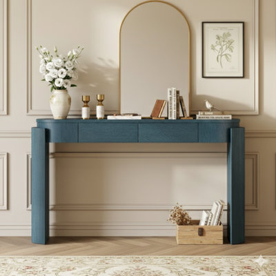 Table d'entrée avec une finition en grain de bois naturel, des détails cannelés, un plateau ovale et deux tiroirs. Parfait pour les vestibules et les salons. Couleur: bleu marine.