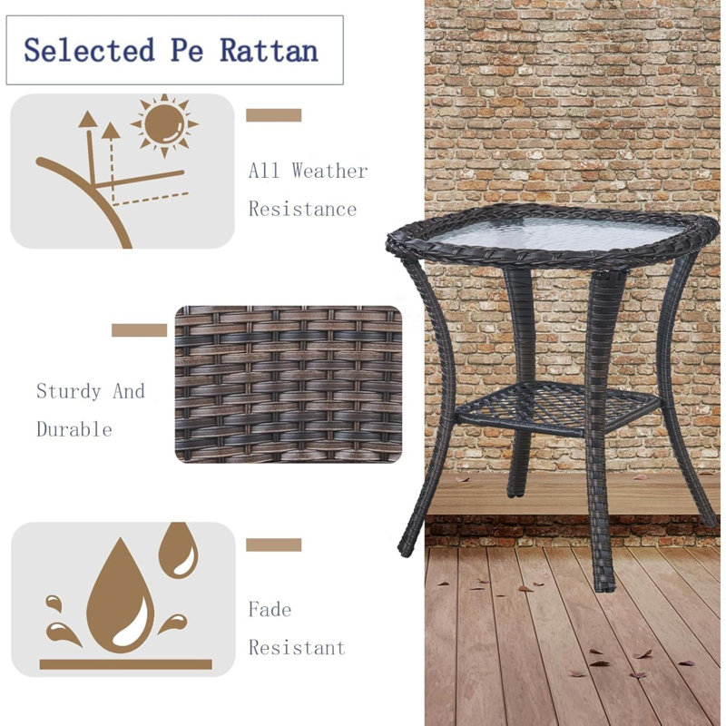 Petite table d'appoint pour l'extérieur - Capacité de poids de 50 lb Table d'appoint en osier avec rangement, plateau de table en verre trempé pour terrasse