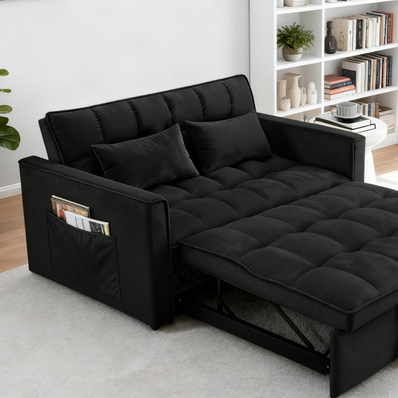 Canapé-lit moderne en velours 54,33 po, canapé-lit pliant réglable à 3 positions avec dossier capitonné, lit escamotable et 2 coussins, causeuse compacte pour le salon, noir