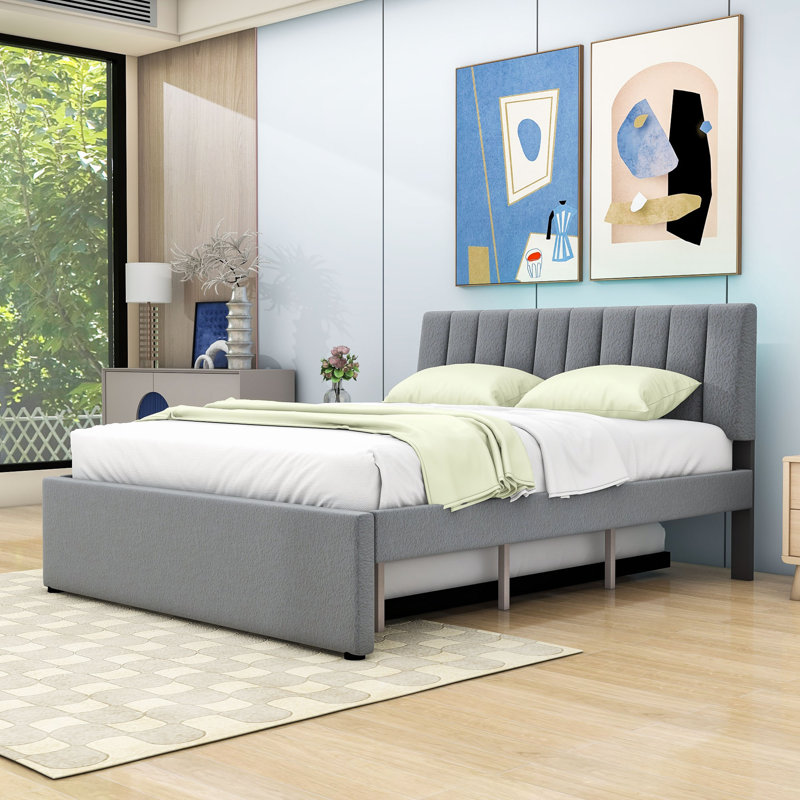 Lit plateforme tapissier Teddy avec lit gigogne simple et lumières DEL, Gris, Grand lit