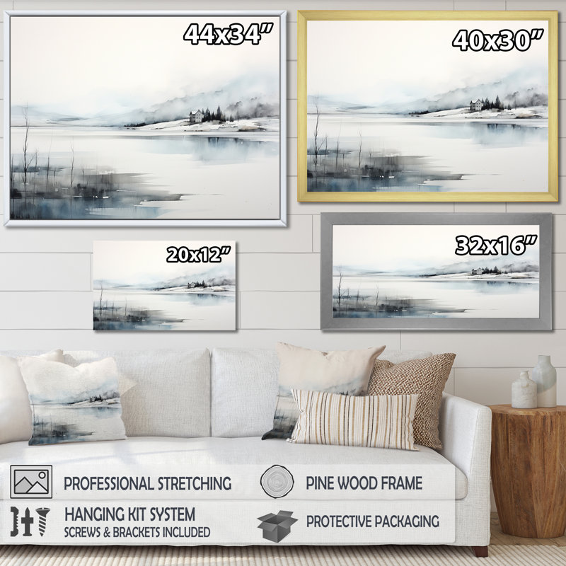 «White & Black Modern Scandinavian Scenery Silence» sur toile, Cadre doré simple, H 34 po x l 44 po x P 1,5 po