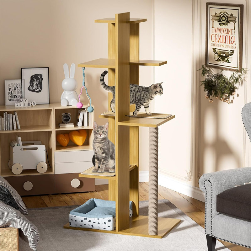 Eular 65.5" H  Wood Cat Tree, Multi-Level Modern Cat Tower with Sisal Scratching Posts