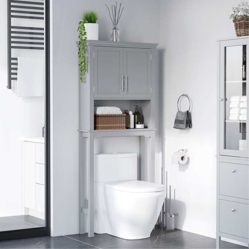 Modern Over The Toilet Storage Cabinet, Double Door Bathroom Organizer With Inner Adjustable Shelf And Open Shelf, Grey