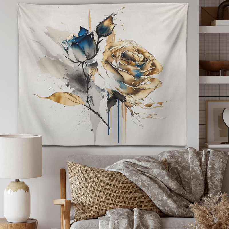 Polyester avec fleurs roses sur une tapisserie abstraite Fusion I avec des punaises, H 50 po x l 60 po