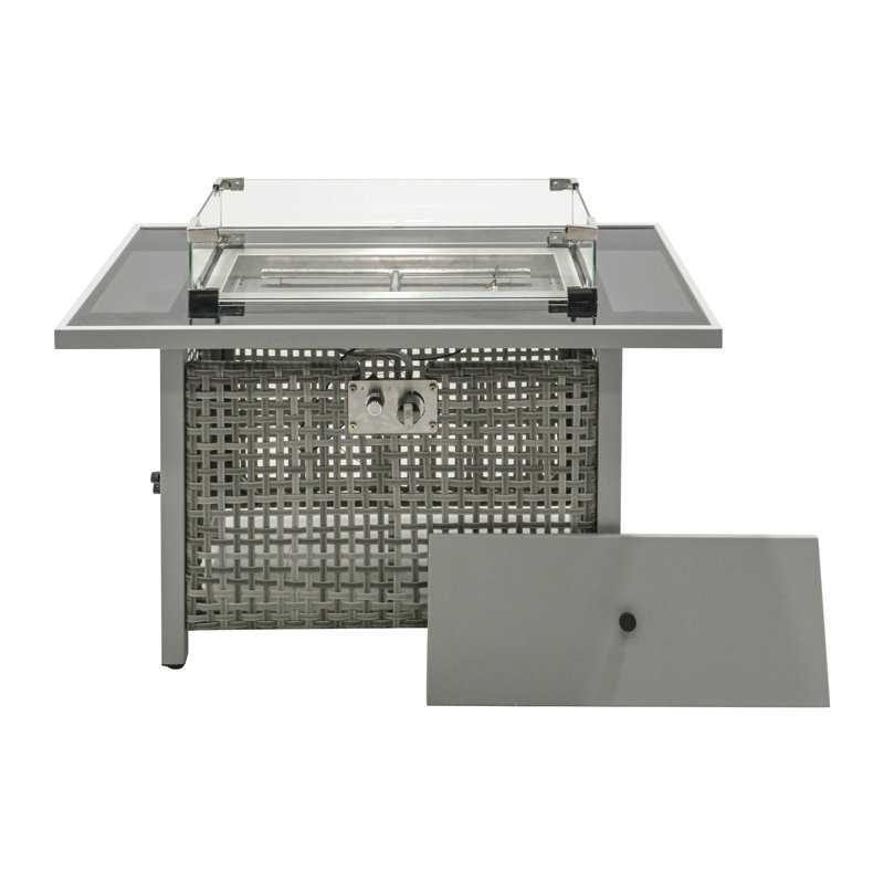 K&K 43" Propane Gas Fire Pit Table, 60000 BTU Rectangular Open Weave Wicker Fire Pit with Glass Wind Guard for Outside Patio Deck Garden Backyard