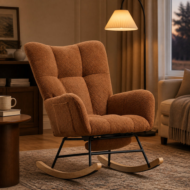 Ensemble fauteuil à bascule à oreilles et repose-pieds en tissu Teddy pour chambre d'enfant, poche latérale, base en bois massif, brun