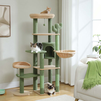 Arbre à chat à plusieurs niveaux avec 3 bâtons de pompon amovibles, hamac, poteau à griffes et 2 perchoirs pour jouer et se reposer