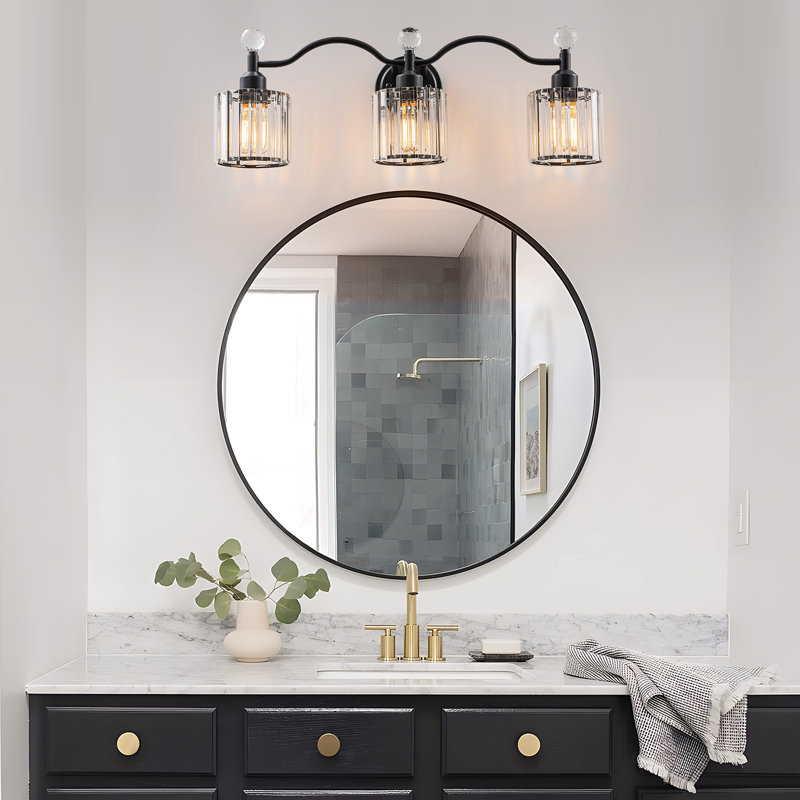 3-light Dimmable Bathroom Crystal Glass Vanity Light, Matte Black