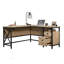 Bureau spacieux en L avec finition brune, idéal pour le bureau à domicile et le bureau, avec beaucoup de rangement et des glissières lisses.
