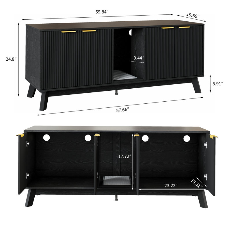 Enceinte de litière pour chat pour 2 chats, meubles de litière cachée avec tapis de litière pour chat, grande maison pour animaux de compagnie avec chambre double, table d'appoint en bois pour meuble télé, noir