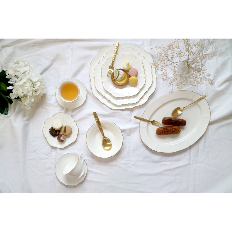 Amelie White and Gold Ceramic Salad Bowl