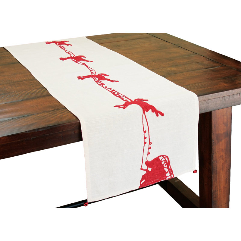Sleigh with Bells and Reindeer Crewel Embroidery Table Runner, 54" L x 16" W