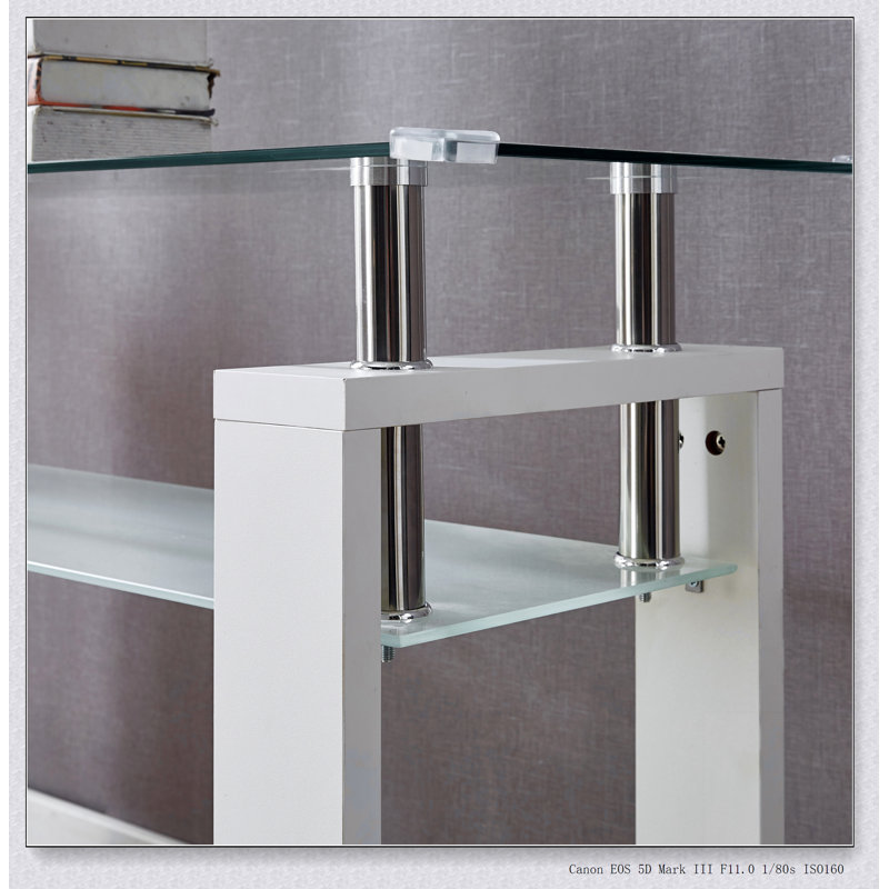 Console en panneau de fibres à densité moyenne, plateau en verre trempé, table de vestibule moderne, Blanc