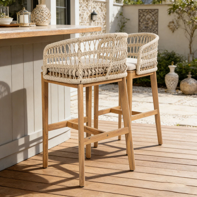 Outdoor Wood and Rope Barstool
