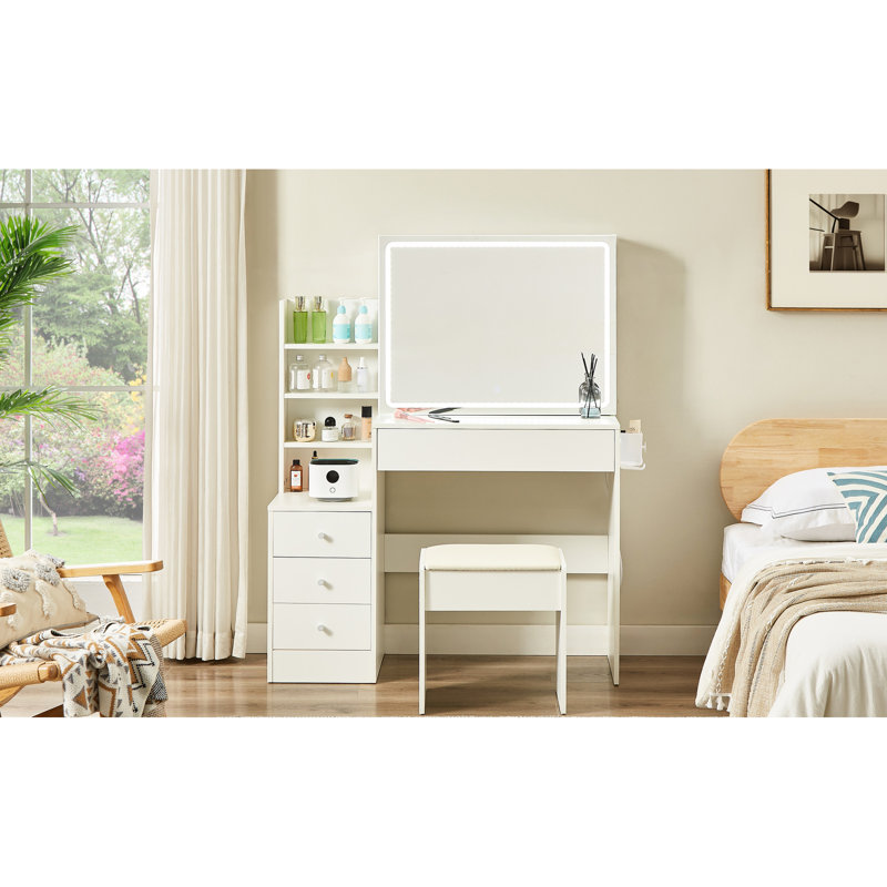 Meuble-lavabo blanc avec miroir 3 modes, 4 compartiments à tiroirs, station de charge et fauteuil ergonomique contemporain, tiroirs éclairés à DEL, fonction, siège souple, blanc, l 43,3 po x l 15,7 po x H 55,4 po